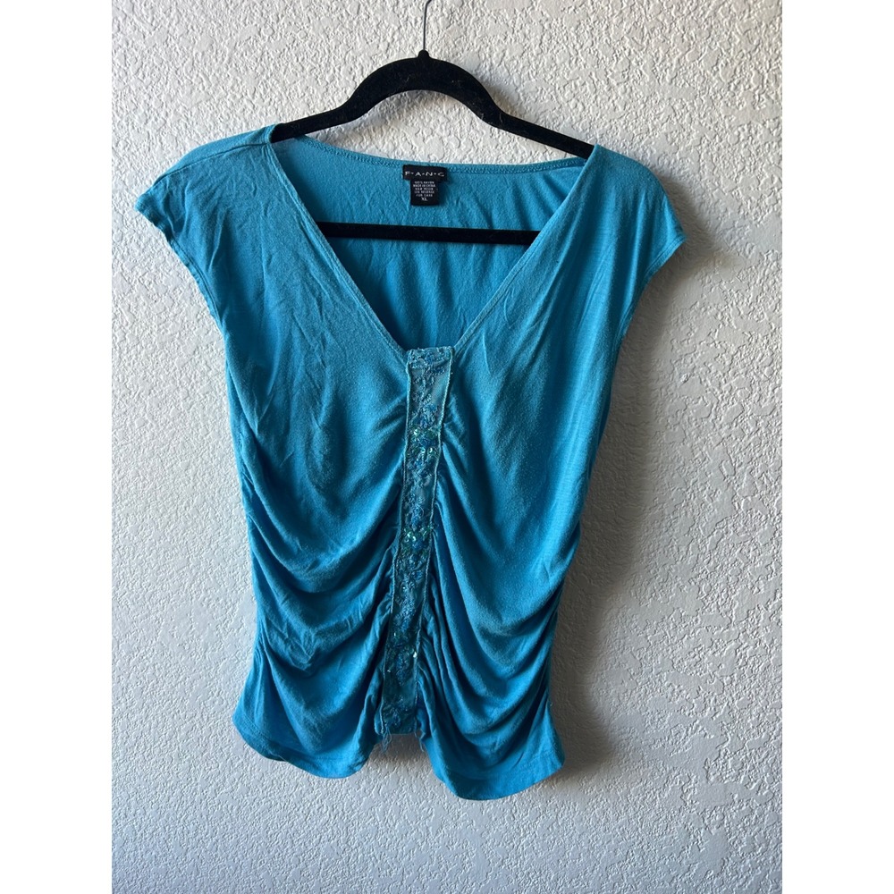 Vtg Y2K Fang Women's Turquoise Ruched Vā Neck Top Embellished XL Fairycore Siren